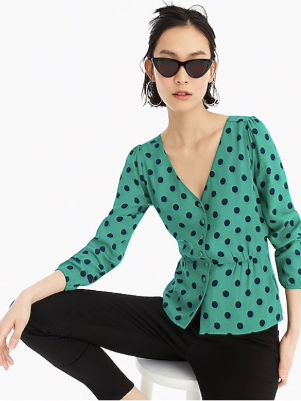 J. Crew Long Sleeve Peplum Top in Crepe Polka Dot